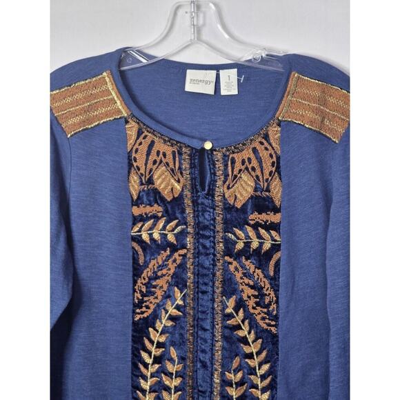 Chicos Zenergy Womens Size 1 (Medium) Blue Embroidered Pieced Velvet Tunic LS - Picture 4 of 7